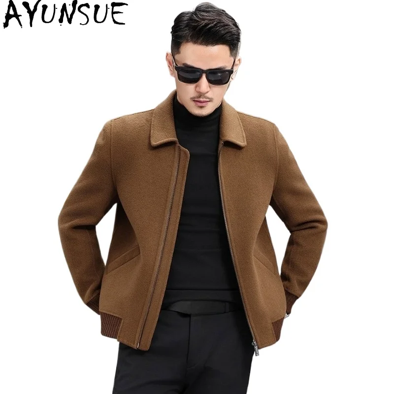 

AYUNSUE Новое двустороннее пальто из 100% шерсти для мужчин, осенне-зимняя модная короткая шерстяная куртка, мужская одежда, короткое шерстяное пальто с отложным воротником