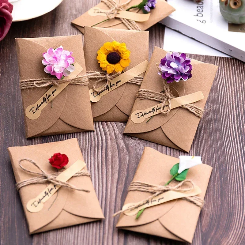 5pcs Mini Flower Envelopes with Paper Card Vintage Envelopes DIY Kawaii Christmas Party Holiday Postcards Invitation Cards Cover