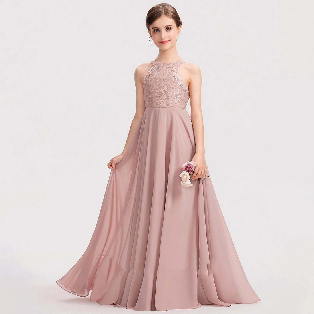 

YZYmanualroom Chiffon Lace Junior Bridesmaid Dress A-line Halter Floor-Length Flower Girl Dress First Communion Dress 2-15T