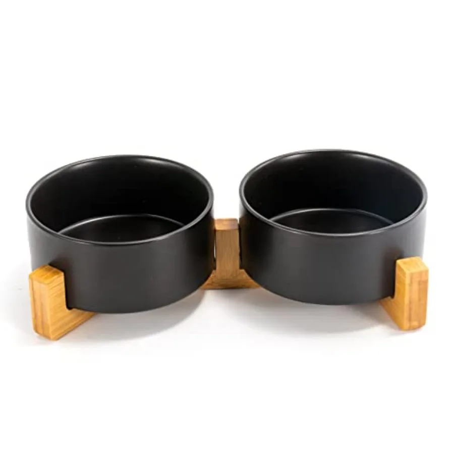 

Ceramic dog and cat bowl set with wooden stand for home use, black ceramic bowls with weighted base, modern cute design, 7.6 cu