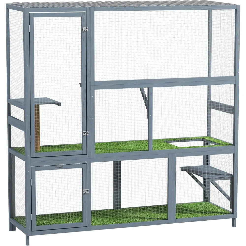 

Уличный вольер для кошек, деревянный домик высотой 77 дюймов, всепогодная крыша, платформы и когтеточка, подходит для 2-3 кошек, 74 x 23 x 77 дюймов