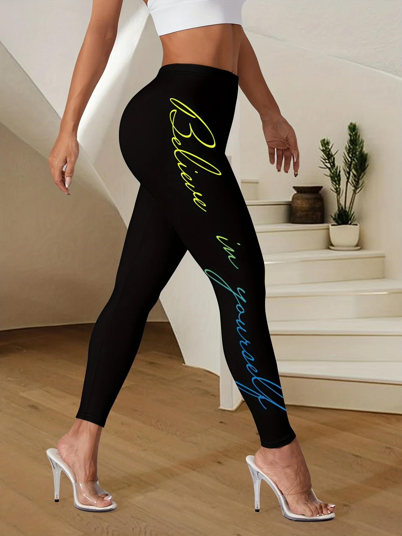 Women Mid‑Rise Fleece Lined Leggings Gold Letter Print Slim Stretchy Warm Casual Yoga Pants