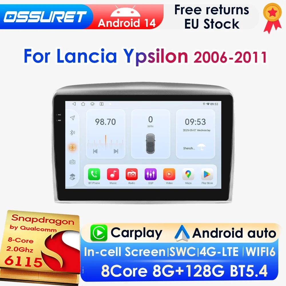 Qualcomm 8-Core 360 °   Panoramakamera Drahtloses CarPlay Android Auto Autoradio für Lancia Ypsilon 2006–2011 Multimedia GPS 4G