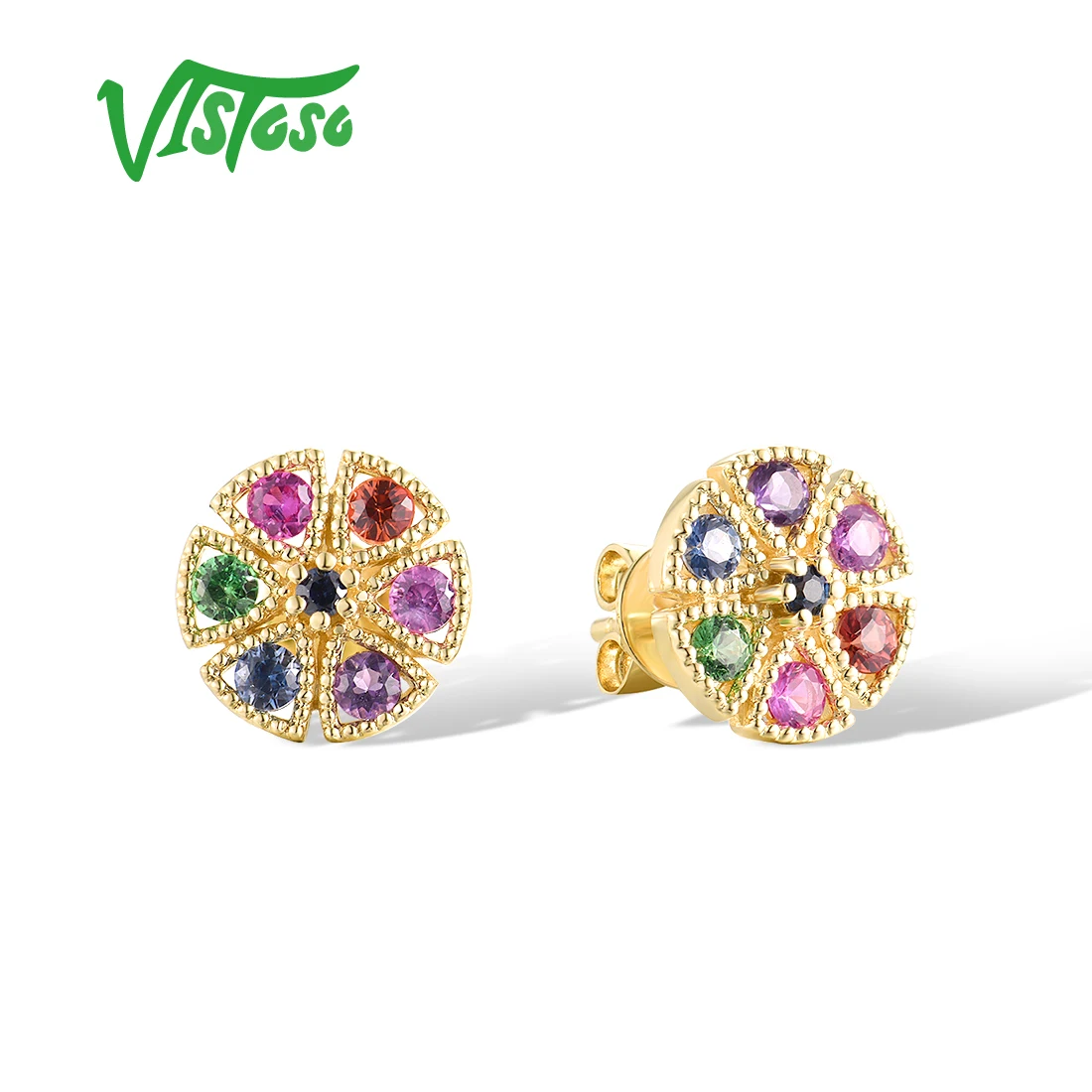 

VISTOSO Genuine 14K 585 Yellow Gold Stud Earrings For Women Sparkling Ruby Amethyst Rainbow Elegant Round Wedding Fine Jewelry