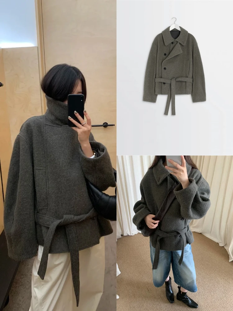 

Асимметричный халат в стиле ретро, шерстяное пальто для женщин, очень свободное большое пальто с поясом, зимнее модное женское пальто