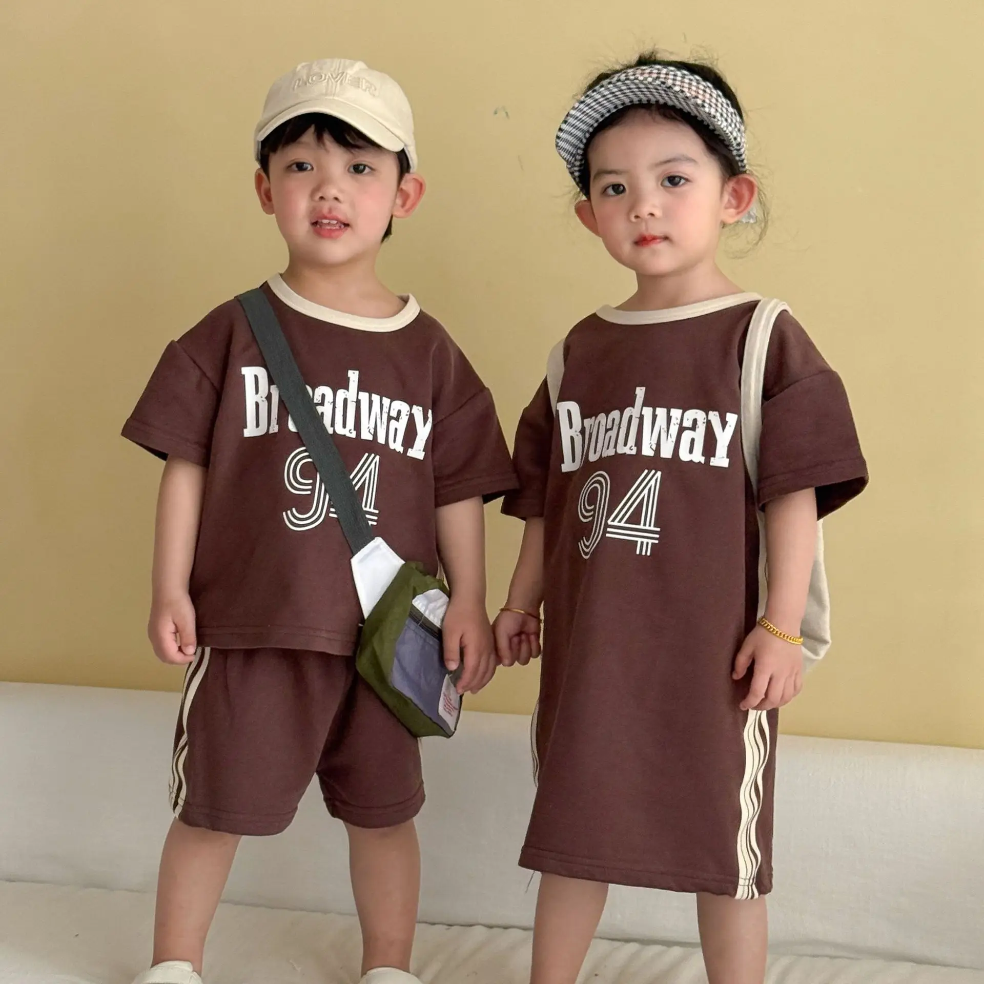 

2026 Summer New Boys Girls Letter Print Sport Clothes Set Children Short Sleeve Brother Sister Outfits Kids Casual Clothing