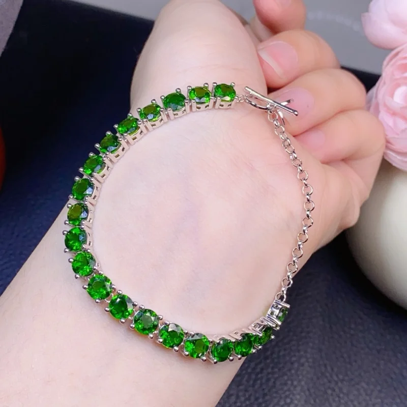 Natural diopside bracelet925Silver inlay925Silver electroplated white gold main stone size5mm