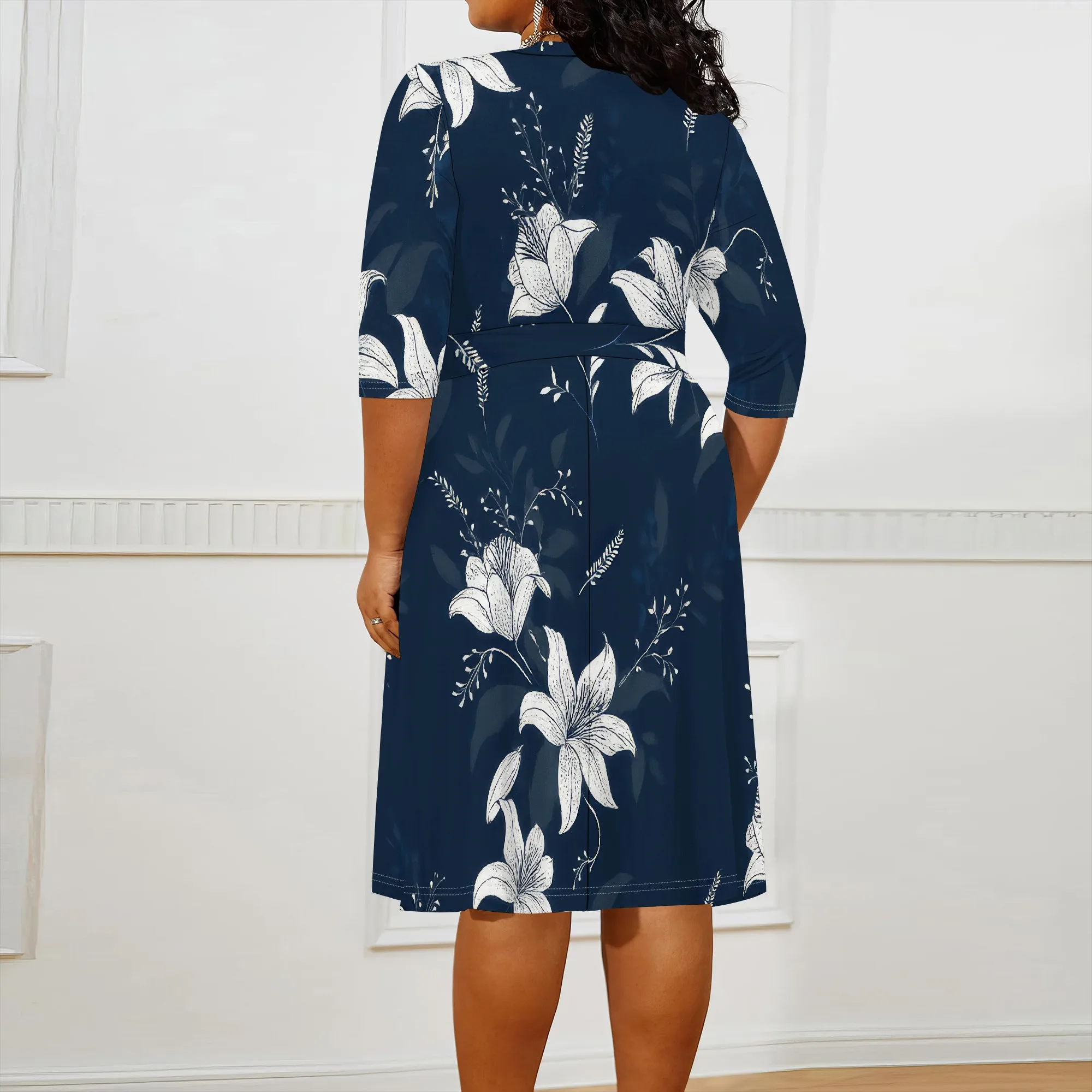Women's Floral Print Maxi Dresses Summer with Pockets Casual 3/4 Sleeve V-Neck Wrap Tie Waist Long Dress