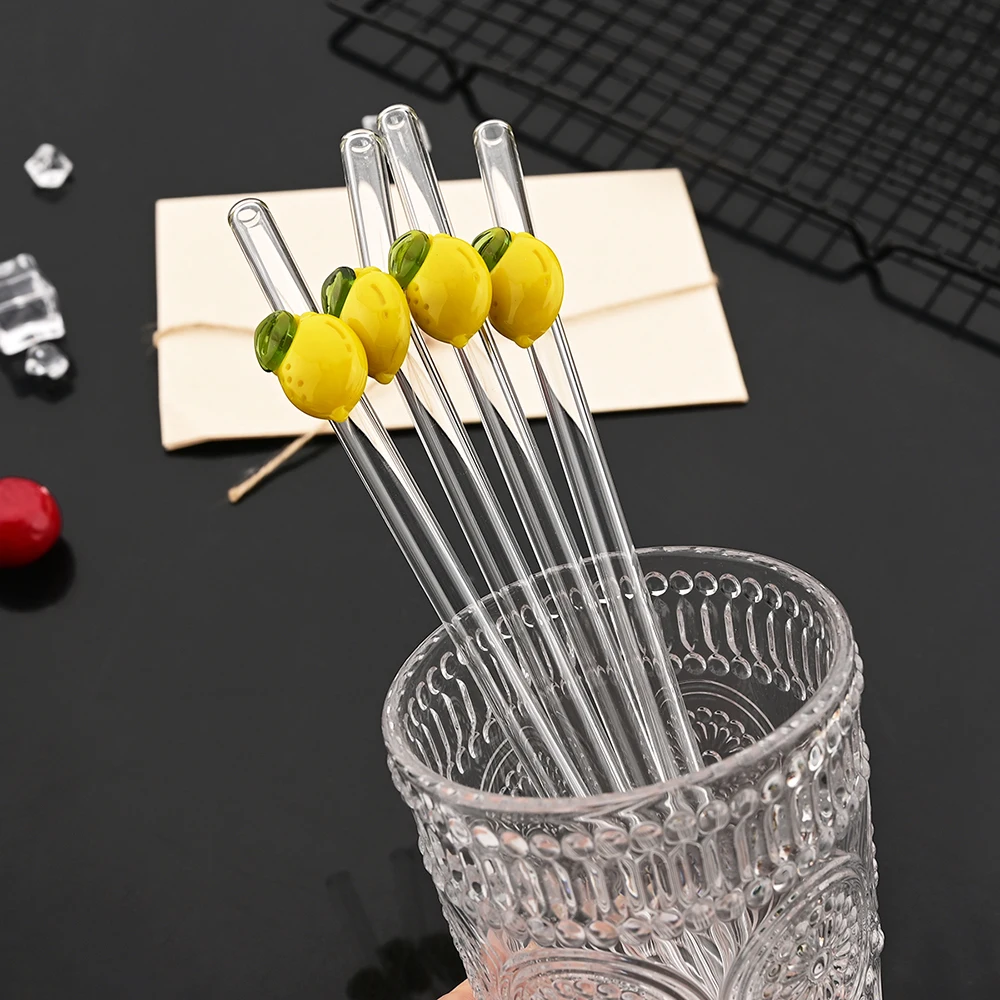 9/11/15Pcs Lemon Shaped Glass Straw Reusable Drinking Straws Straw Brush and Bag For Festival Party Wedding Cocktail Bar Beachs