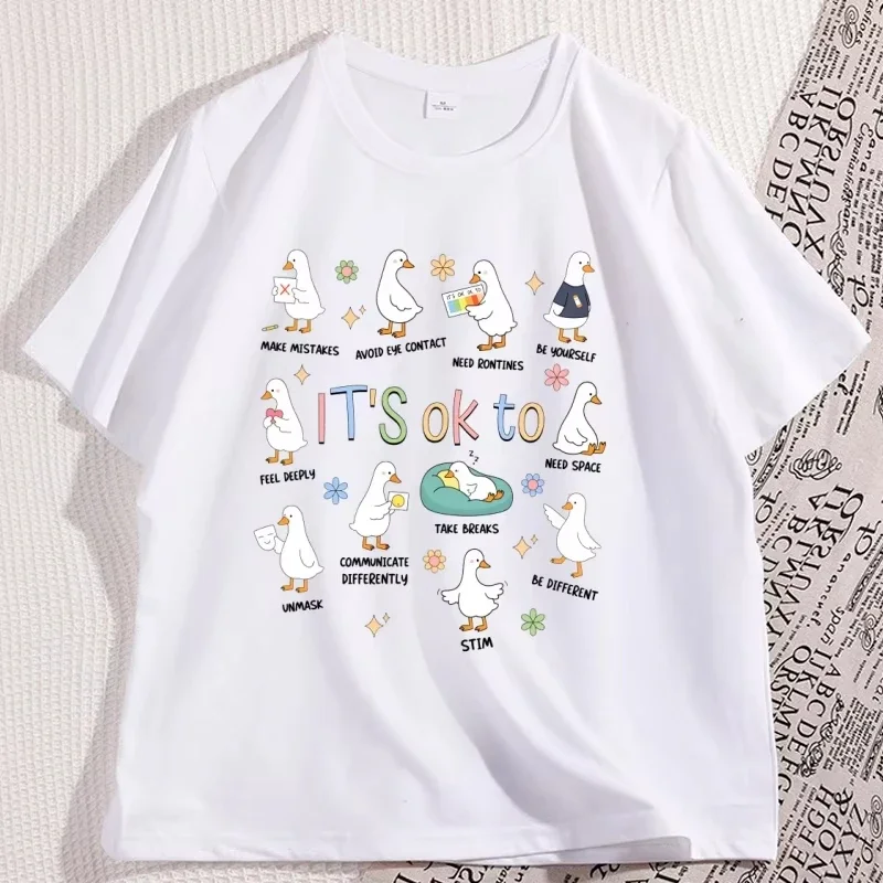 Trendy Kawaii Ducks Its Ok To Graphic Short Sleeve T Shirt Neurodiversity Positive Affirmation Casual Top