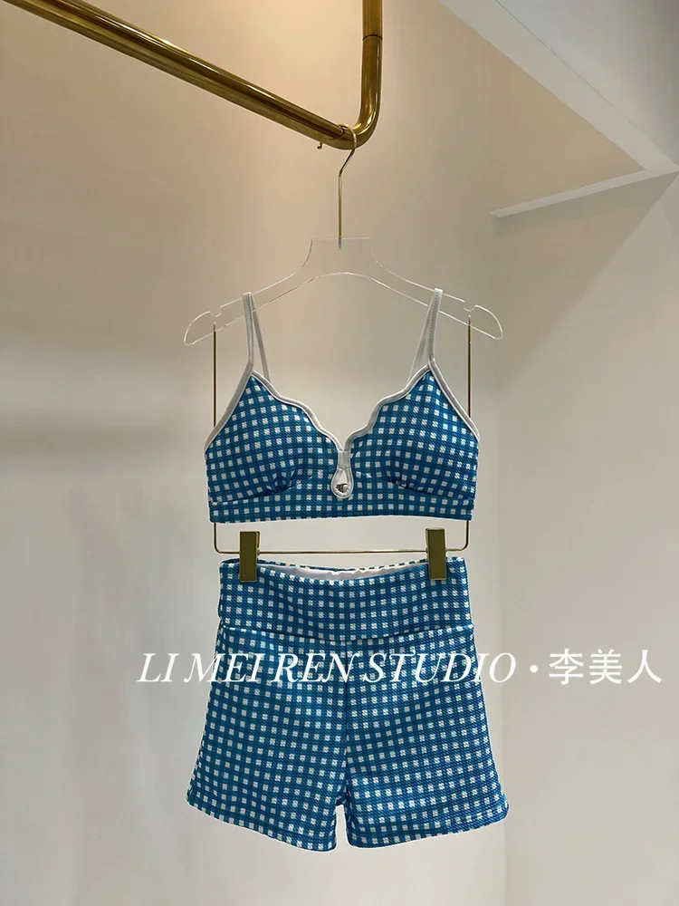New vacation fashion versatile camisole vest blue checkered split swimsuit