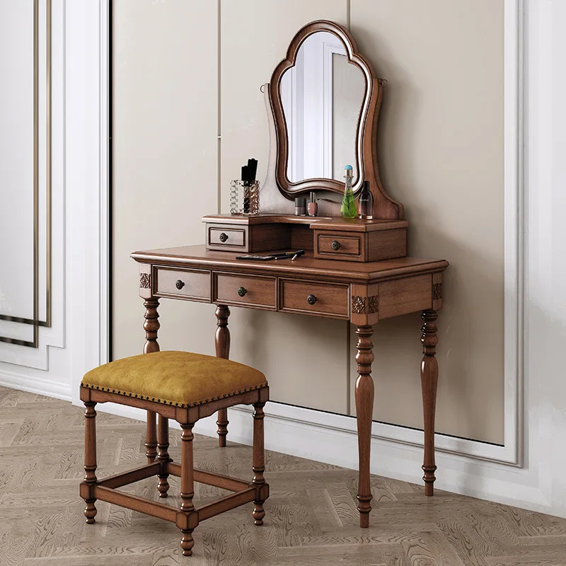 Country Solid Wood Dressing Table Combination Log Bedroom Makeup Table Mirror Dressing Stool Wooden Furniture