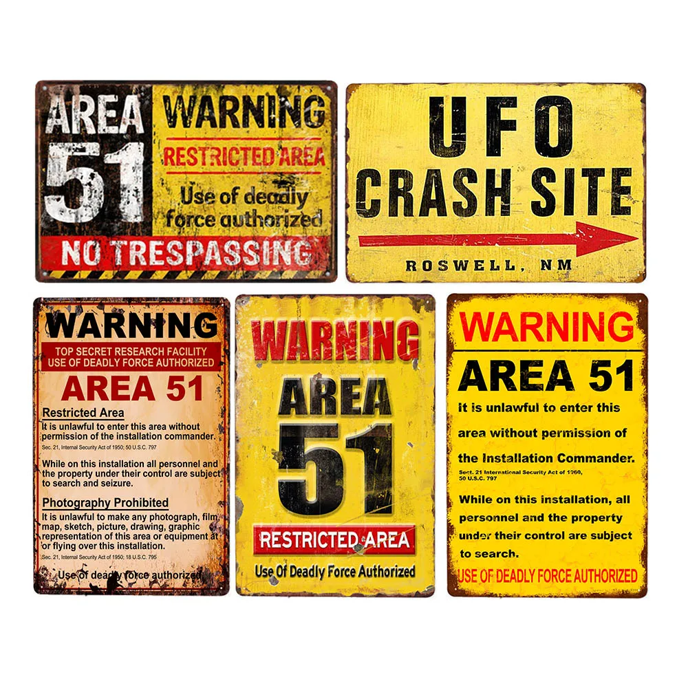 Tin Sign - Area 51 UFO Warning Vintage Durable Metal Plaque Wall Decor, Home Office Bar Man Cave Garage Wall Art