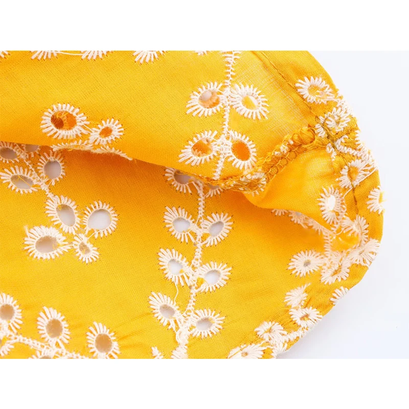 Sexy Spaghetti Straps Floral Embroidery Hollow Out Dresses Women Summer 2025 A-line Midi Dress Yellow Vestidos