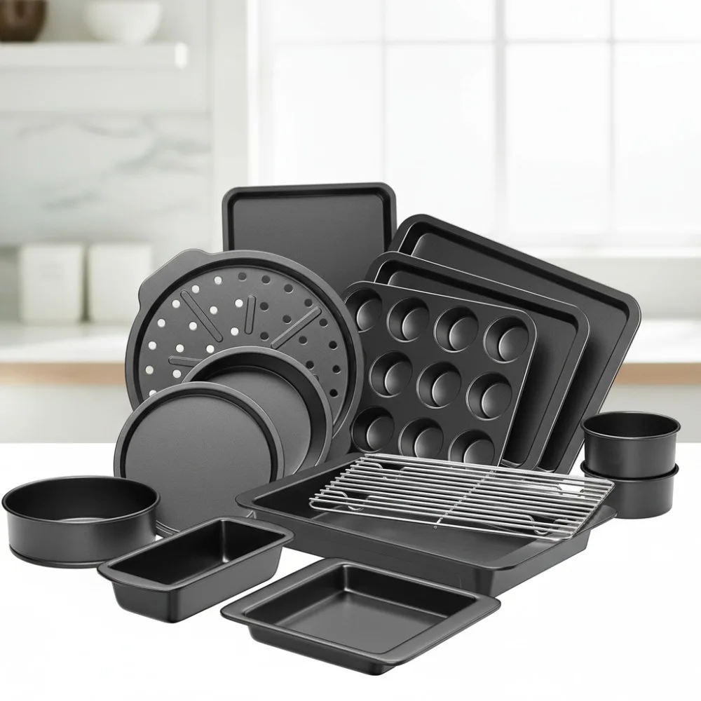 

Набор форм для выпечки из 10 предметов с антипригарным покрытием и широкими ручками, противни для выпечки из углеродистой стали для семейного приготовления пищи - серый