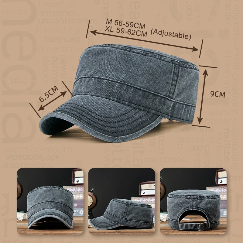 ﻿ 56-62cm Flat Baseball Hat for Men Women Solid Flat Top Baseball Cap Washed Dailywear Visor Big Size Outdoor Sun Cap Adjustable