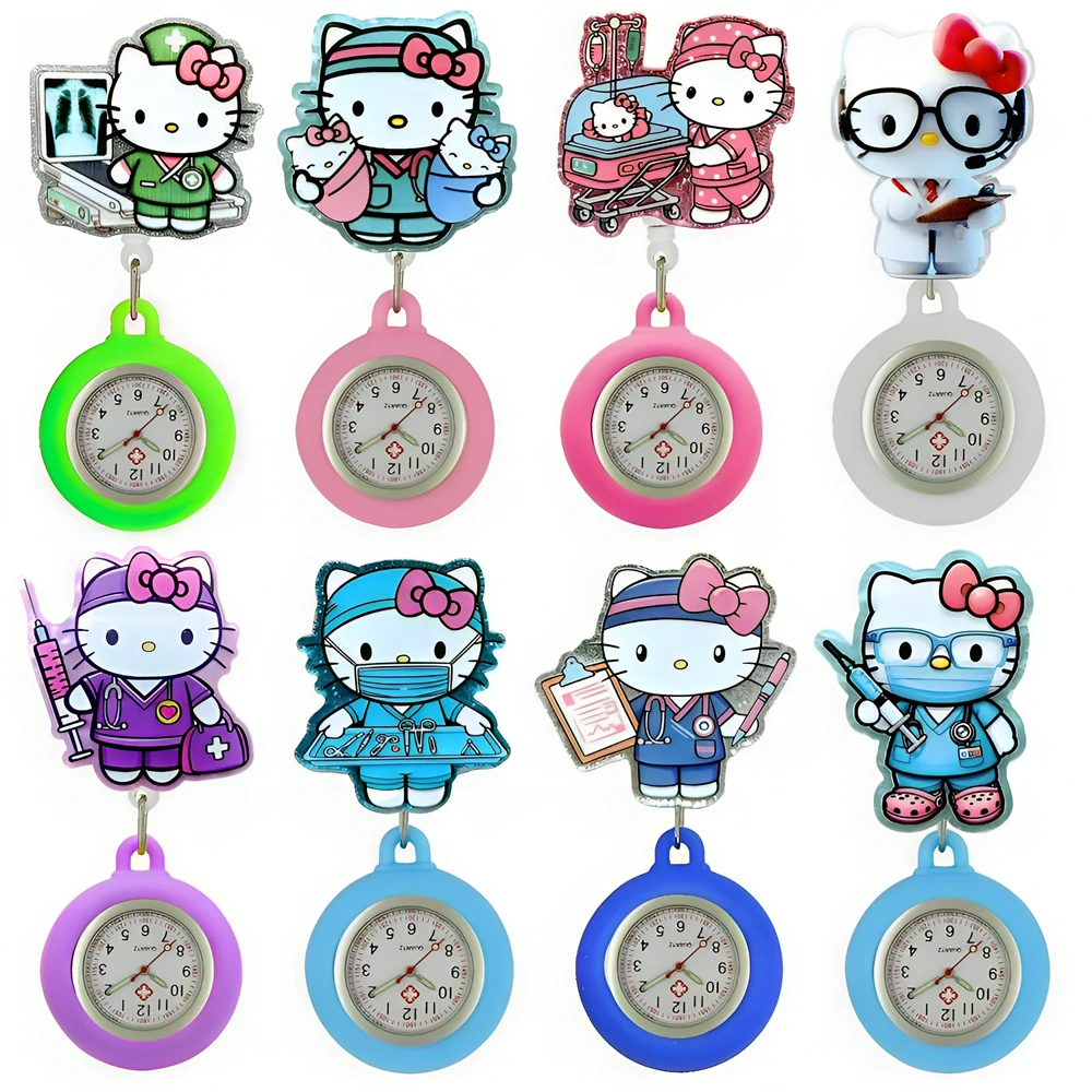 MINISO Lovely Cartoon Kitty Cat Hospital Nurse Doctor Medical Workers Office Badge Reel FOB Pocket Watches Hang Clock Gifts