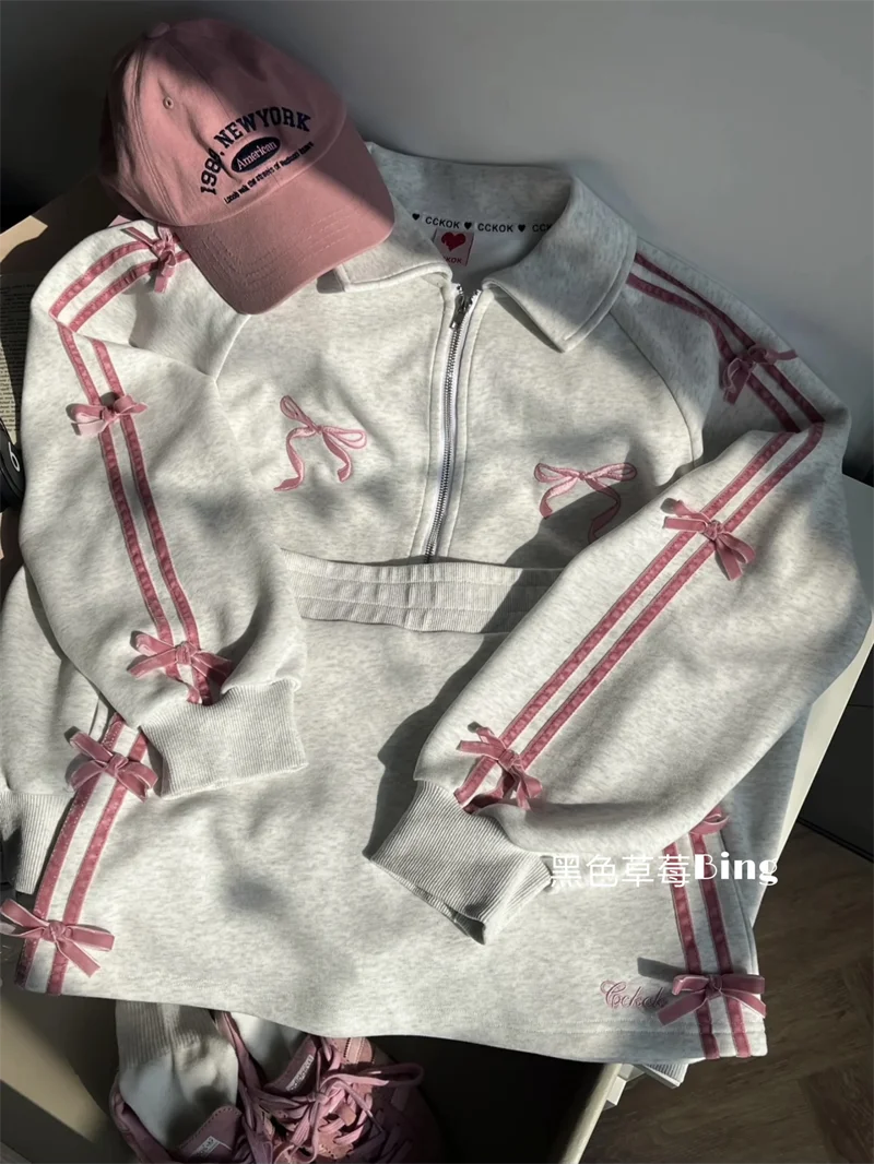 

Bow Sweatshirts Two Piece Sets Womens Outifits Zip Hoodies Y2k Jacket Mini Skirt Striped Casual 2025 Autumn American Grunge
