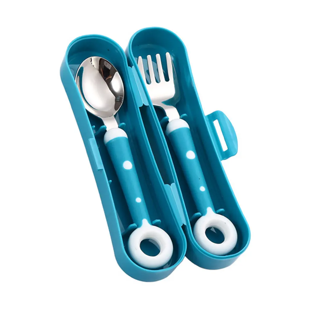 1Set Silicone Handle Stainless Steel Kids Tableware Set Toddler Learning Spoon Fork Non-Slip Short Handle for Grasp Training