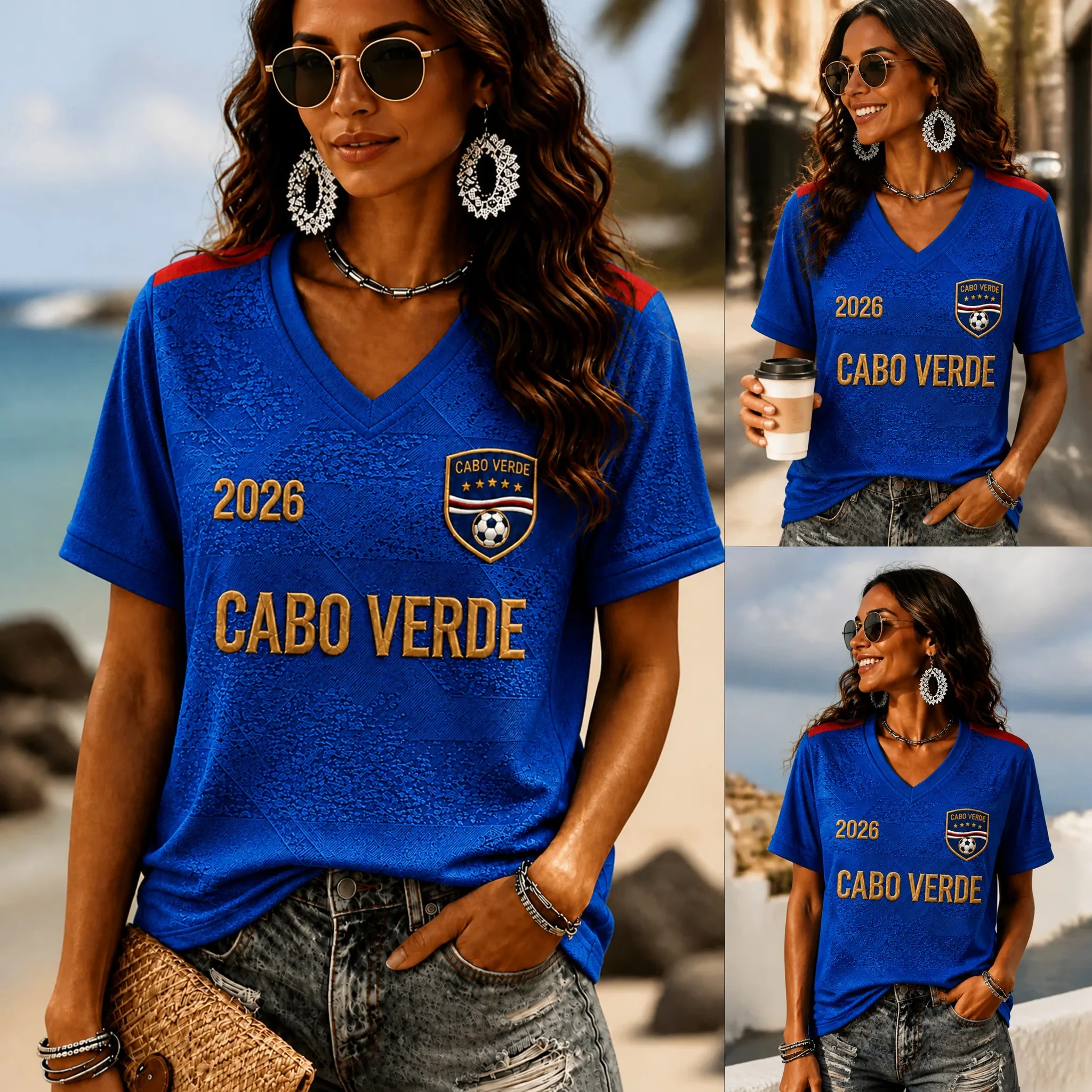 Cape Verde Women's V-neck Football T-shirt 2026 Island Glory Pattern Casual Short Sleeve Summer Top Badge Details Loose Fit Sui