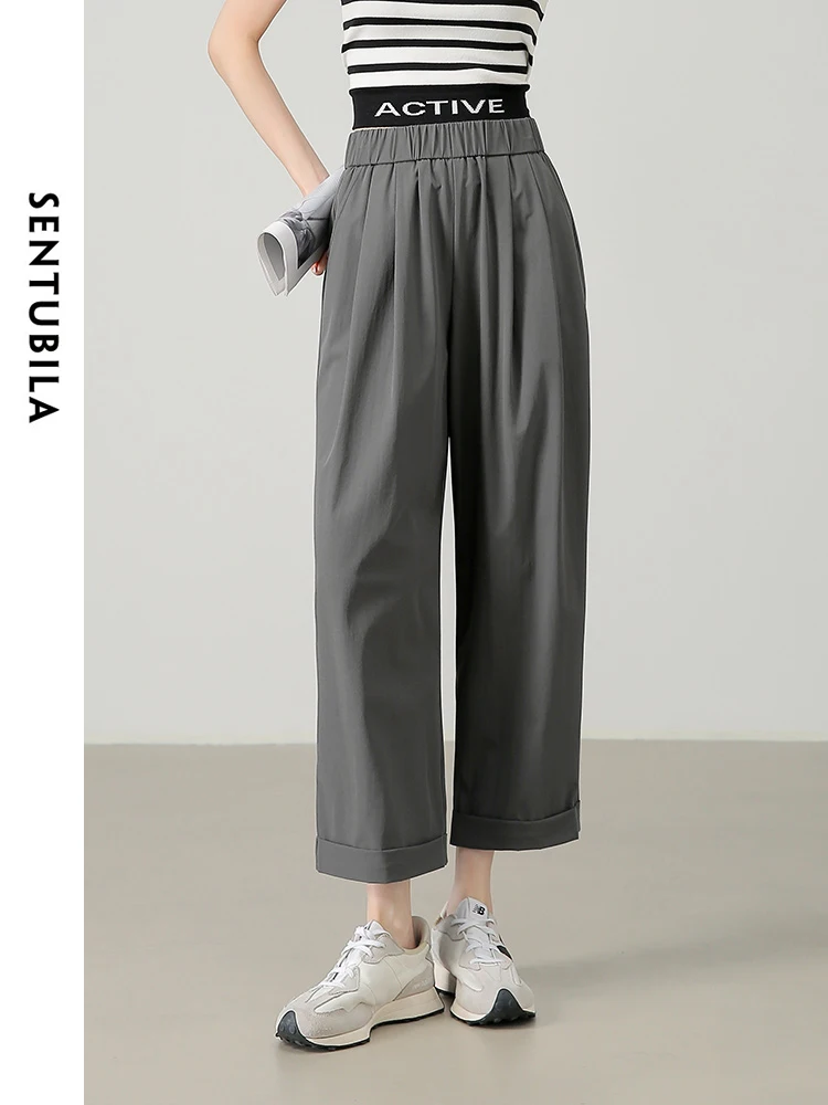 

SENTUBILA Women Wide Leg Cropped Pant 2024 Straight Loose Elastic Waist Casual Grey Trousers Womans Summer Clothing 142K54766