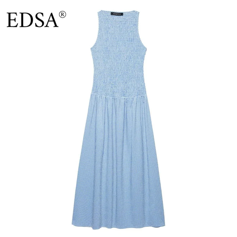 EDSA – robe mi-longue vichy pour femmes, col rond, sans manches, taille haute, smockée, extensible, longue, vacances d'été