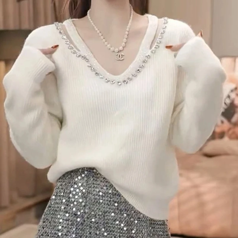 

Женский однотонный вязаный свитер с круглым вырезом и бисером, повседневный пуловер, милые осенне-зимние топы