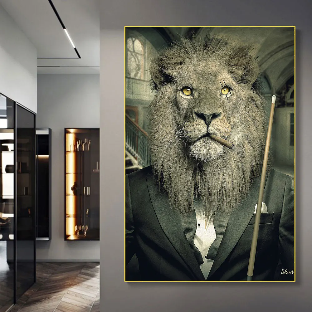 Lion In A SuitArt Canvas Print Painting Billiard Cue Gentleman Animal Wall Picture for Living Room Home Decoration Posters Gift