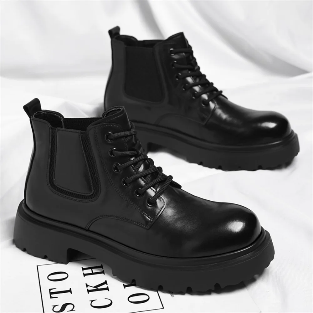 Men's Thick Sole Black Ankle Boots Genuine Leather Male Chelsea Boots Lace Up Platform Casual High Top Shoes Outdoor Short Botas