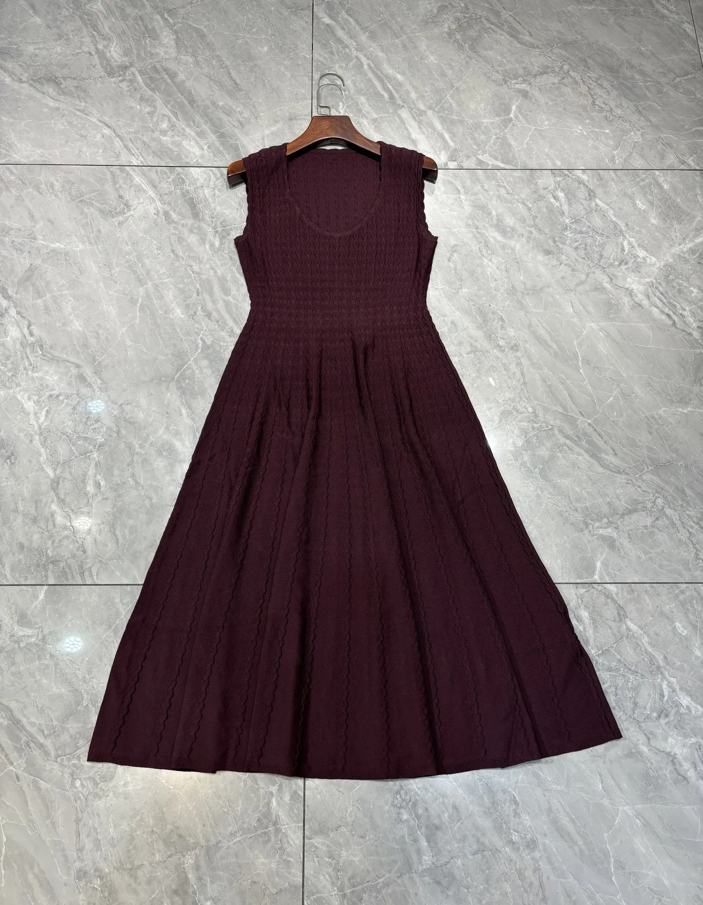 2026 Summer Women Textured Knit Midi Dress U-Neck Solid Elegant Sleeveless Higth Waist Dresses