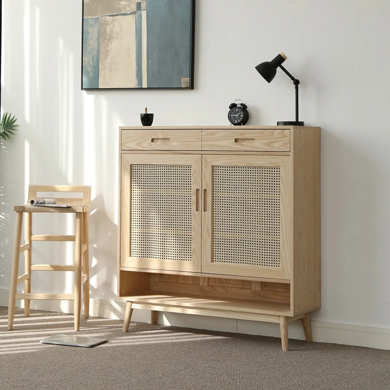 

Solid wood shoe cabinet simple rattan door ash wood furniture log storage cabinet locker