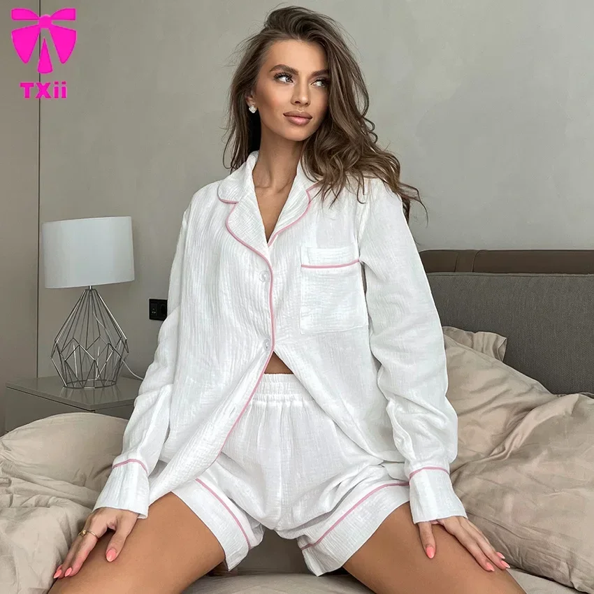 2024 European and American Autumn New Pink Cotton Patchwork Cardigan Pajamas suit Long Sleeve Shorts Women\'s Home Wear