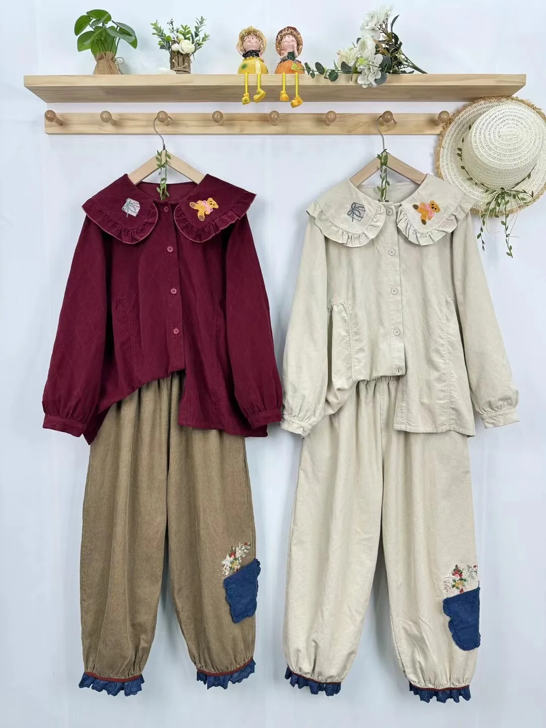 Thiened Long Sve Embroidered Bear Doll Collar irt Women's Loose Fit Cotton Velour Casual Sle plus Size Top