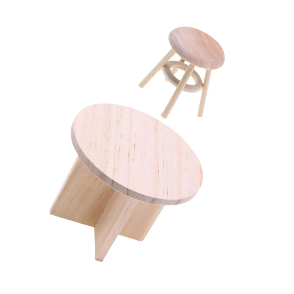 1Set Natural Finish Wooden Mini Furniture Set Compact Round Stool Table Ideal for Dollhouse Miniature Home Layout Prop
