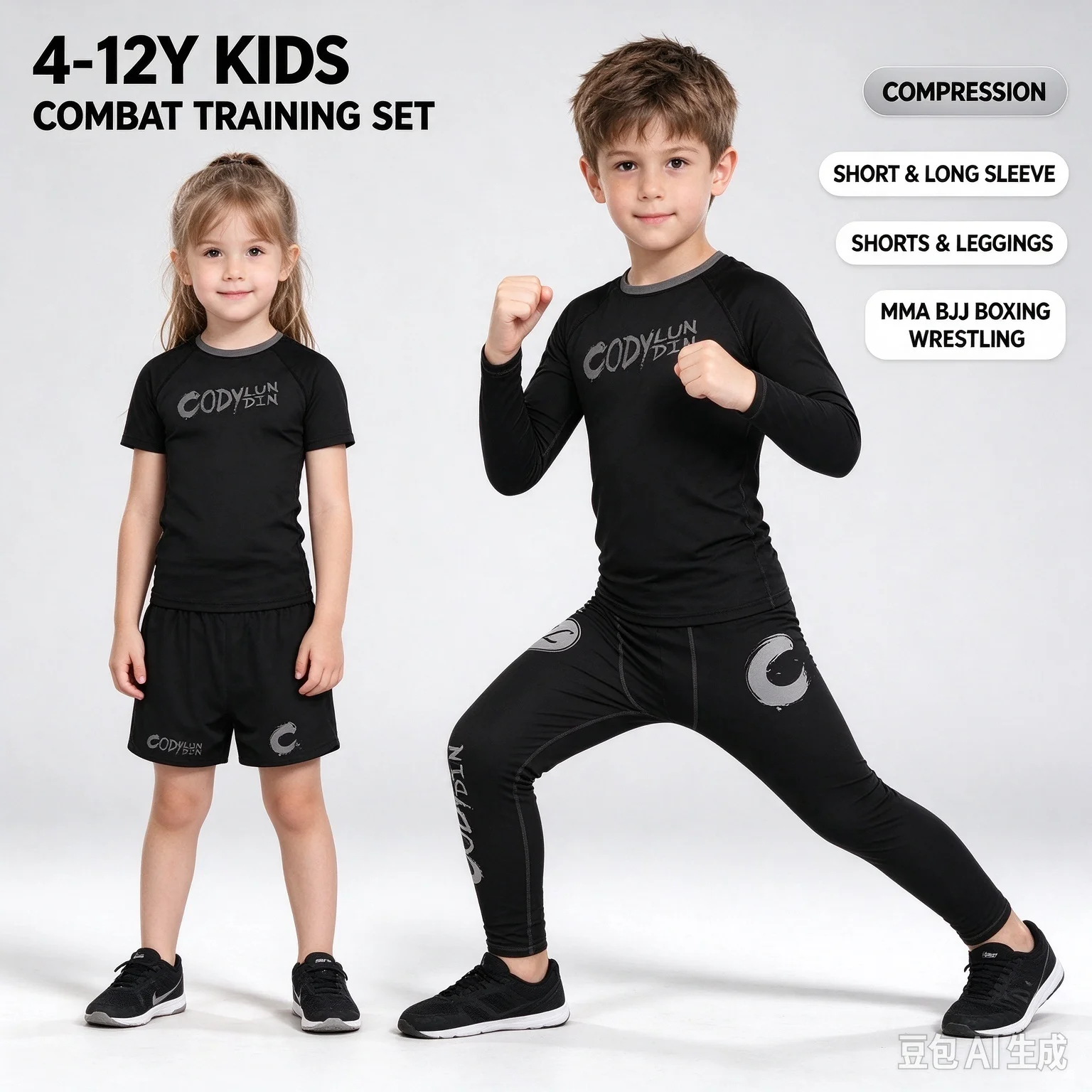 Codylundin Black Kids 4Pcs Rashguard Set 4-12Y, Compression Shirt Pants Shorts, BJJ MMA Boxing Training Sport Suit for Children