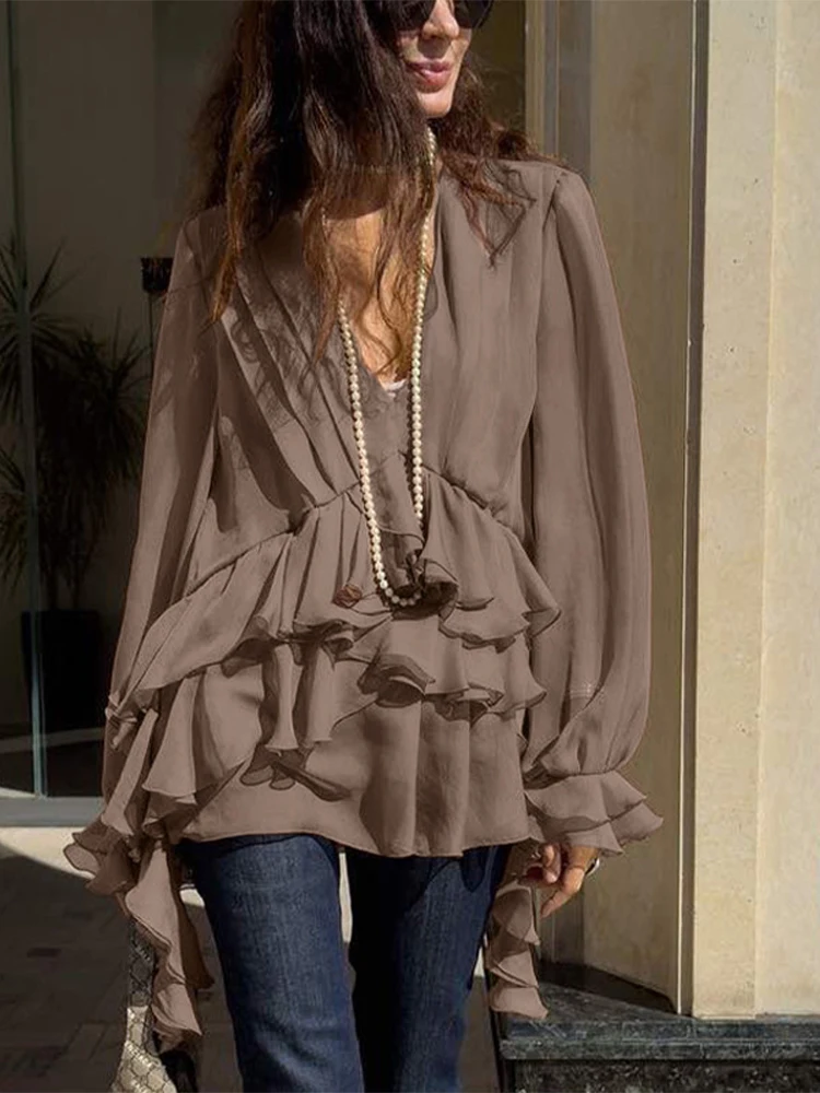 

Повседневная женская рубашка цвета хаки с рюшами, 2025 г., сексуальные рубашки с v-образным вырезом и длинными рукавами, элегантные классические Blusa с рюшами, женские топы с длинными рукавами