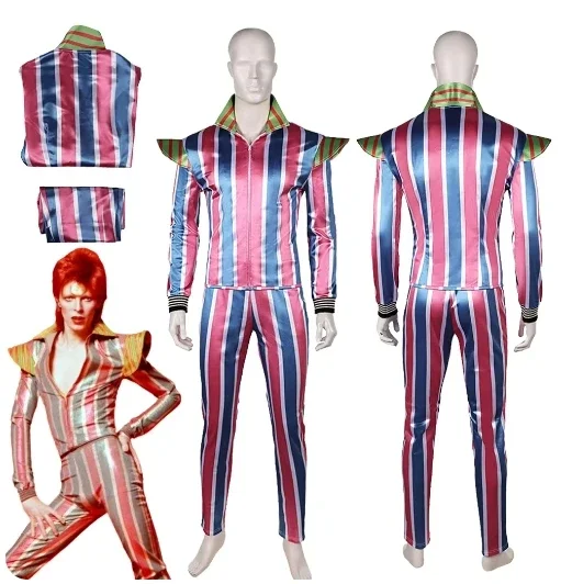 David Stardust Bowie Cosplay Sequins Costume Pink Blue Striped Suit for Rock Stage Performances Fantasia Halloween Carnival Suit