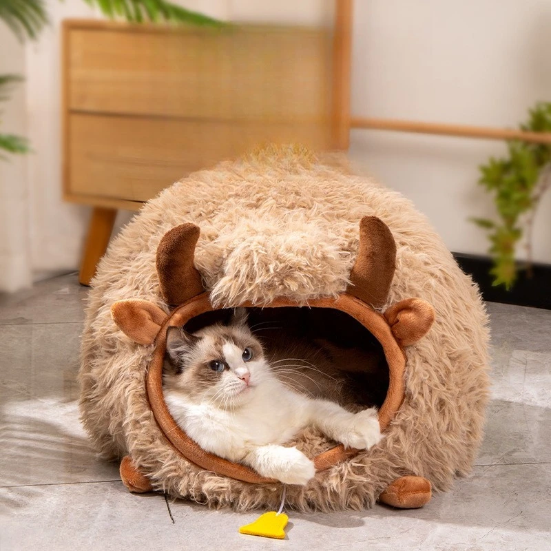 

Новая кровать для кошек из шерсти яка, зимний теплый закрытый домик для домашних животных для кошек, котят, маленьких собак