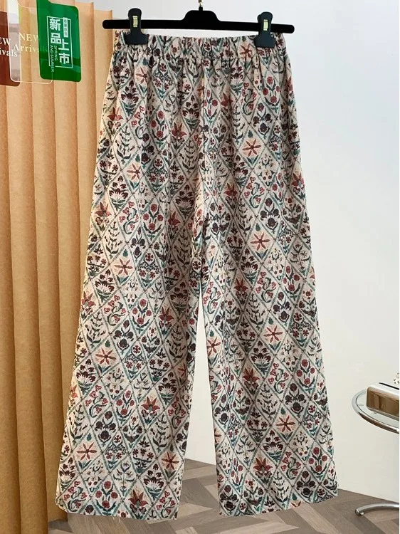 High-End European Summer 2026 New Vintage Countryside Style Elastic Waist Printed Straight Leg Pants Women Casual Trousers