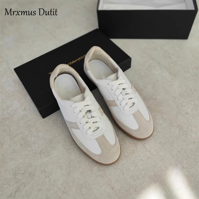 Mrxmus Dutit 2024 New Women Genuine Leather Splice Lacing Flats Shoes Casual Simple All-match Moral Training Shoes Chic Sneaker