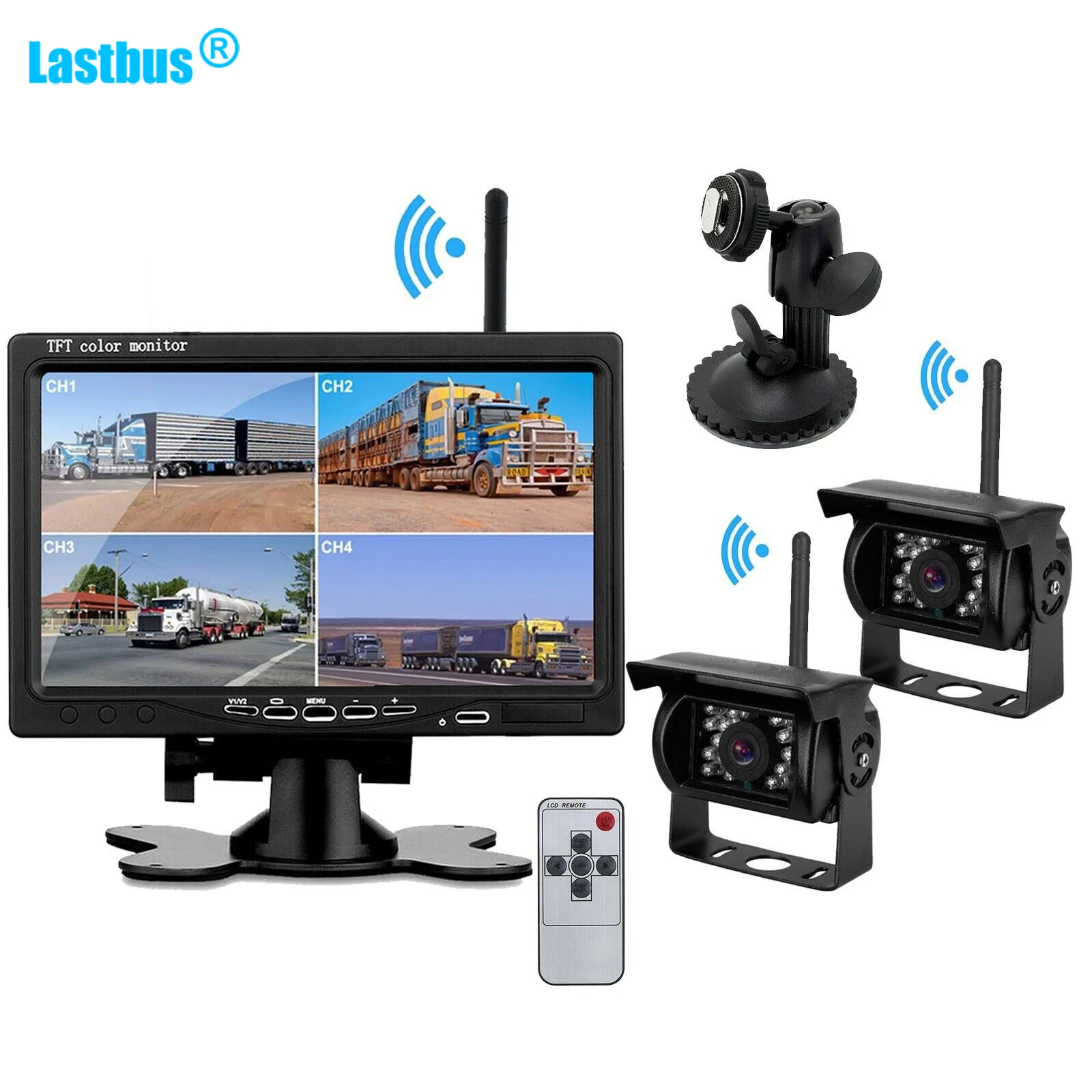 

Lastbus 7" IPS Wireless Rear View Quad Split Monitor With 2 FHD Reverse Camera Kit Night Vision Waterproof For Caravan Bus