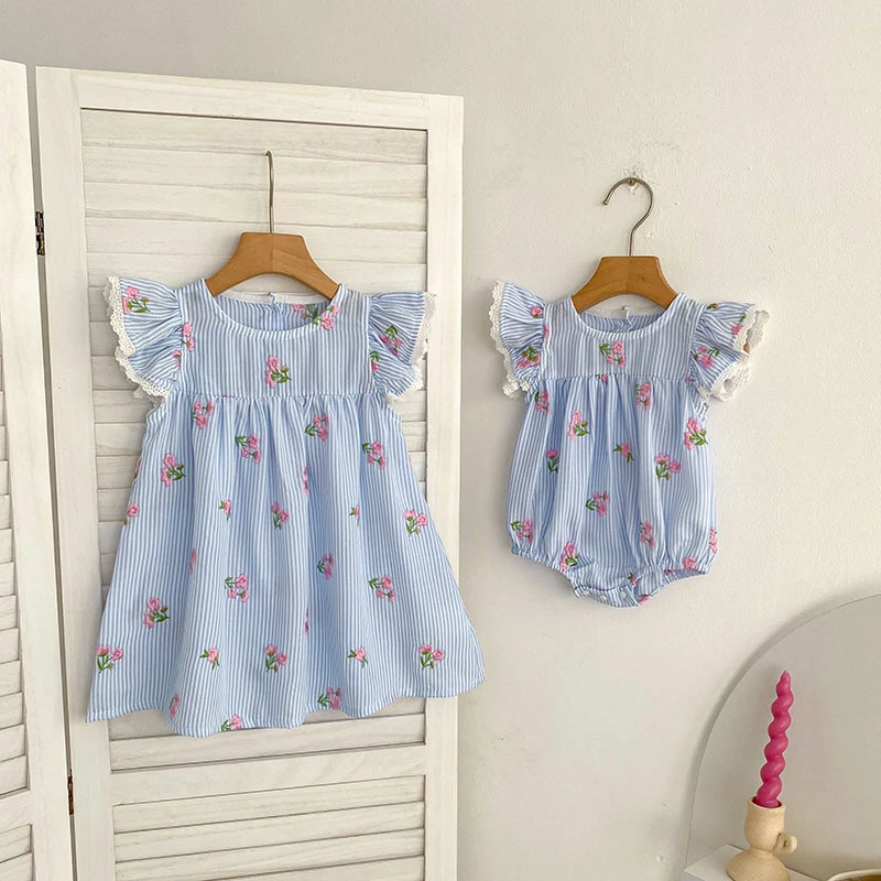 2026 New Summer 2-6Yrs Princess Round Neck Dress Striped Baby Girl Dress Flying Sleeve Cotton Embroidery Blue Sweet Dress