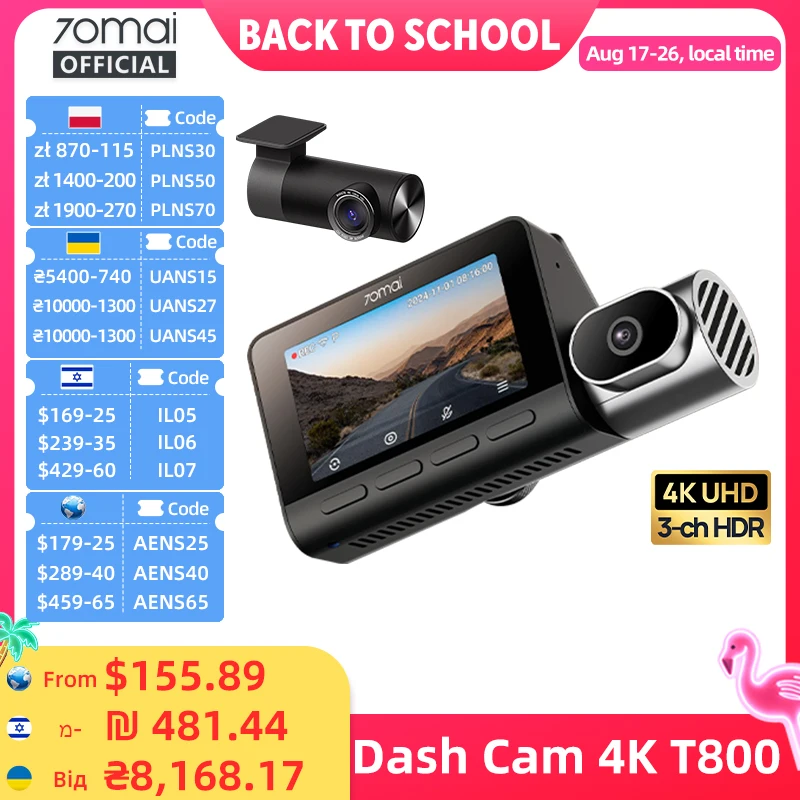 【Lokales Lager PL】Globale Version 70mai 4K Dash Cam T800 3-Kanal HDR Superkondensator WiFi 6 Sprachsteuerung 4G LTE 70mai Auto-DVR