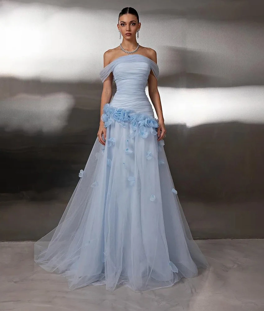 

Customized Fashion Tulle A-Line Off the Shoulder 3D Flowers Evening Dress Graceful Boat Neck Short Sleeves Celebrity Gowns