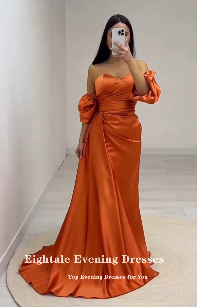 Eightale Elegant Evening Dresses with Detachable Sleeves Orange Satin Mermaid Prom Wedding Party Gown Robes De soirée