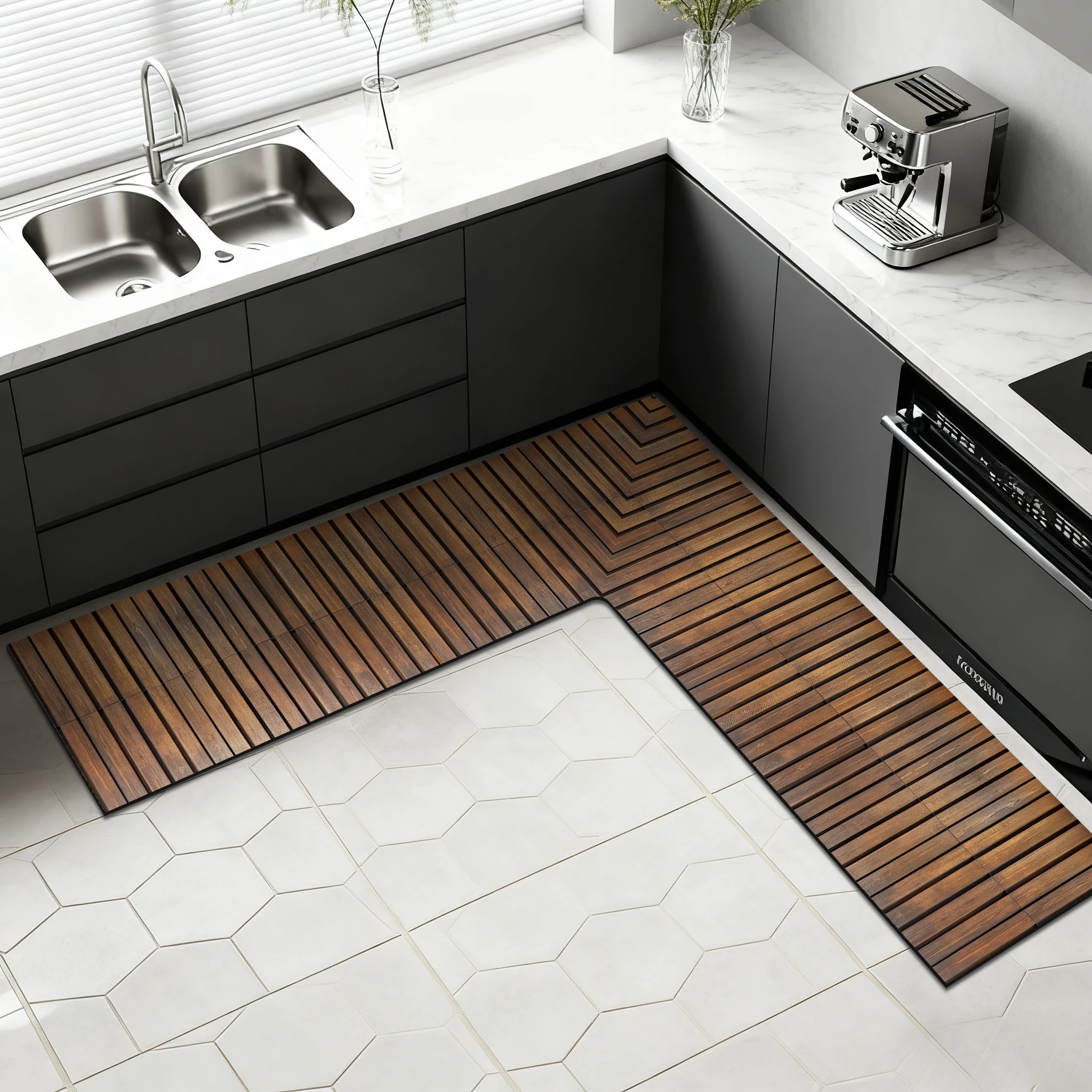 L-Shaped Kitchen Floor Mat Faux Wood Grain Print, Diatomaceous Earth Non-Slip Suitable for Dining Areas and Absorbent Bathrooms
