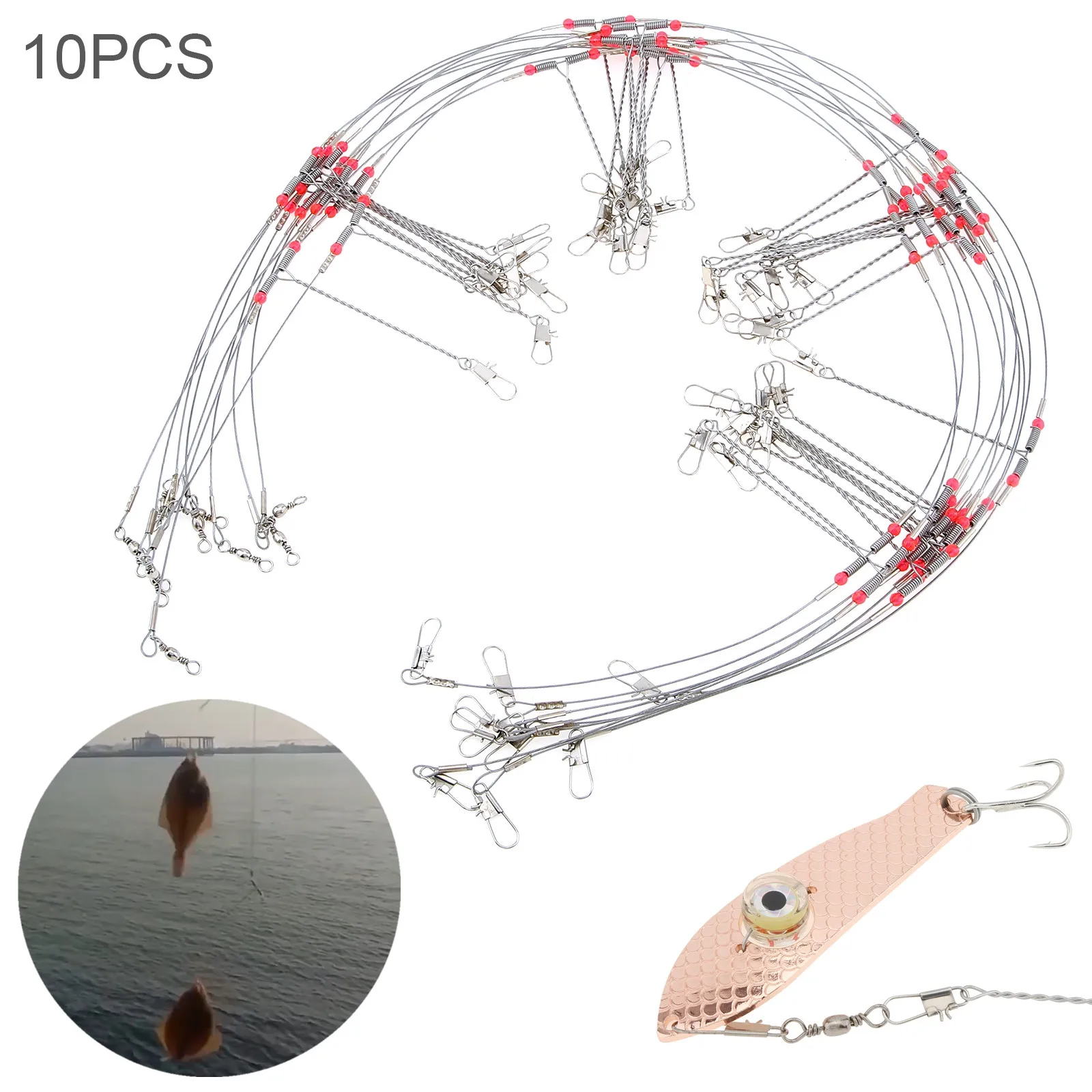 

10Pcs Sea Fishing Stainless Steel 2 / 3 / 4 Arms Fishing Line Rig with Lure Swivel Snaps Saltwater Wire Bottom Tackle Rigs Tools