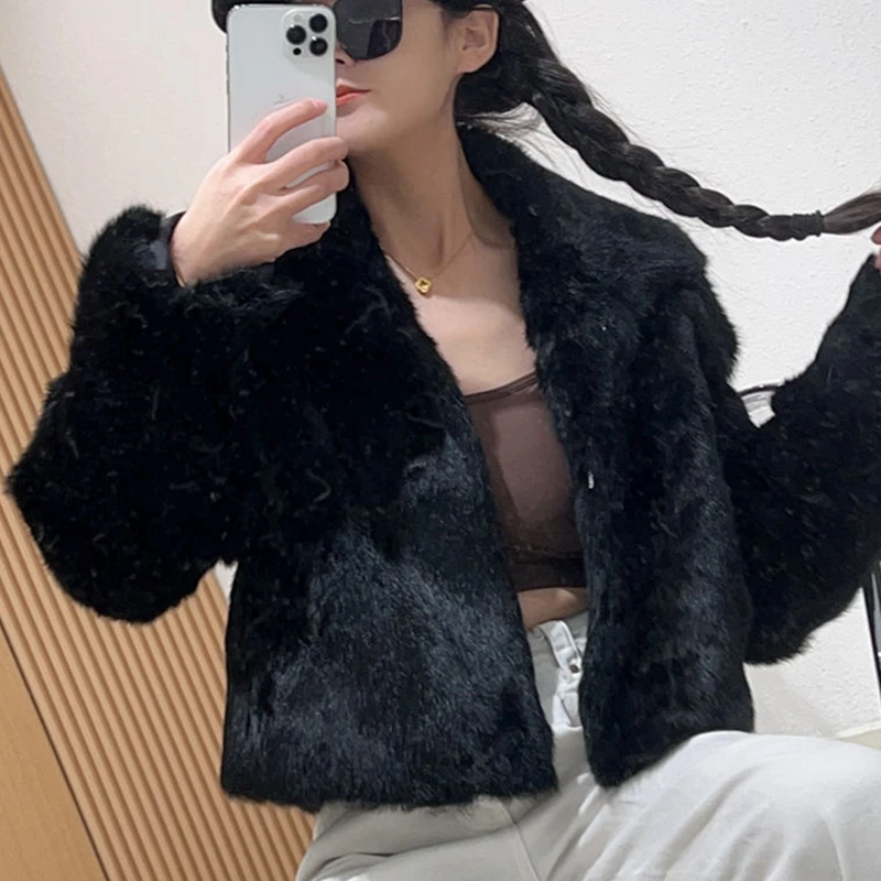 QUEENTINA Natural Fur Coat Women Winter Jacket Real Leather And Fur Short Women\'s Clothing Female Outerwears With 2024 Black