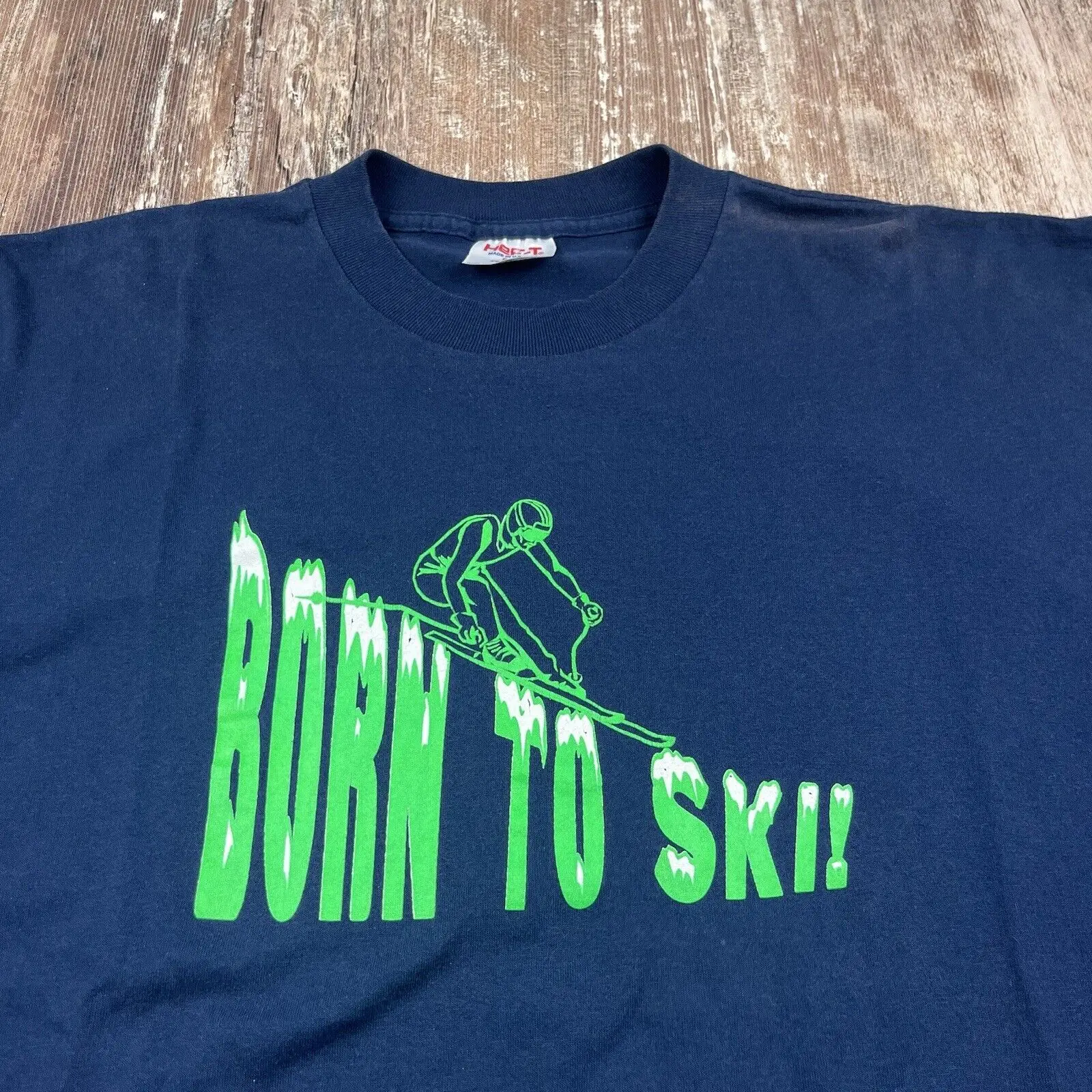 Camiseta Vintage Born To Ski Skier, camisa de manga larga XL, azul, verde, neón, 90s Resort