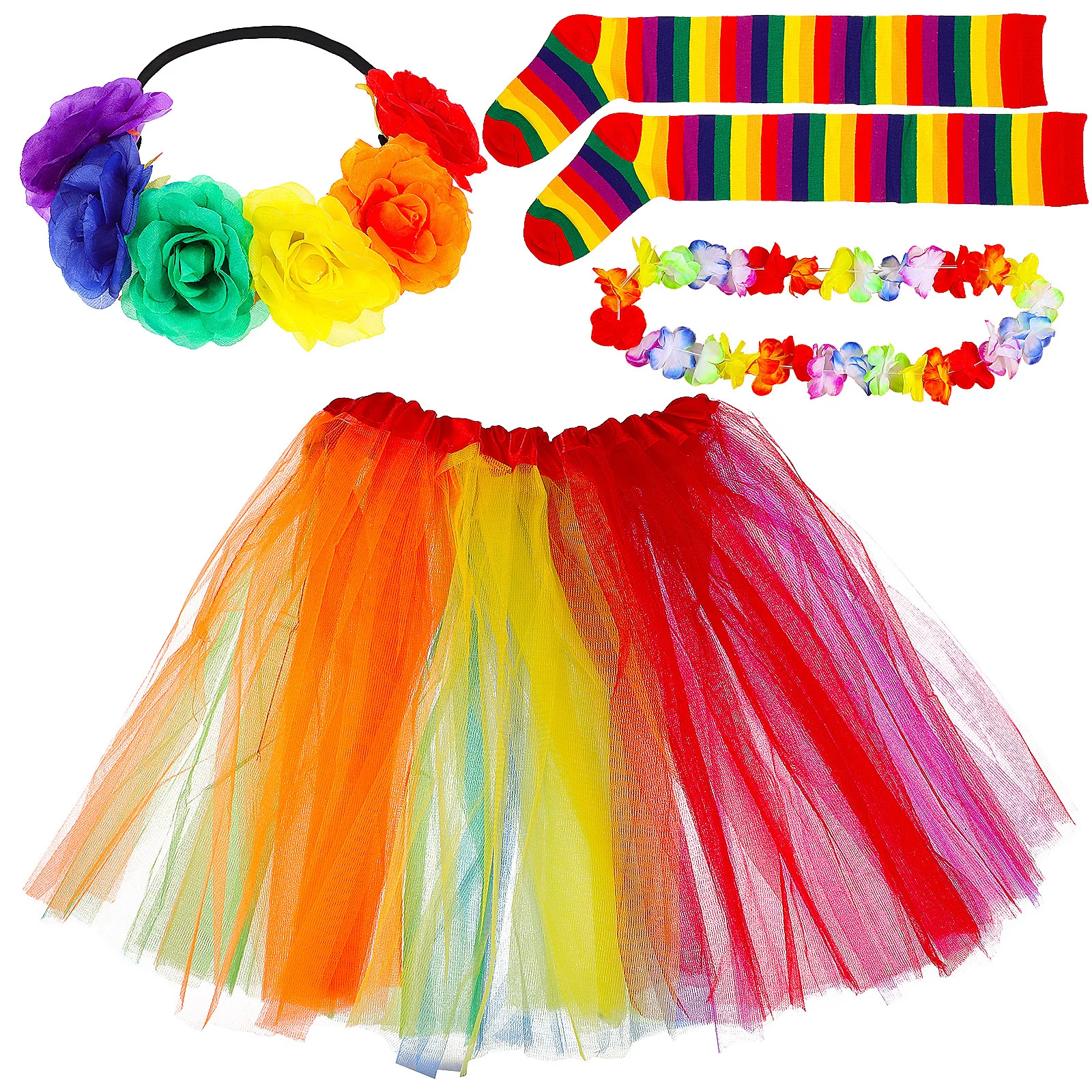 1 Juego de traje de orgullo, falda tutú de tul arcoíris, calcetines por encima de la rodilla de orgullo Lei, diadema, accesorios de disfraz, puesta en escena de Festival
